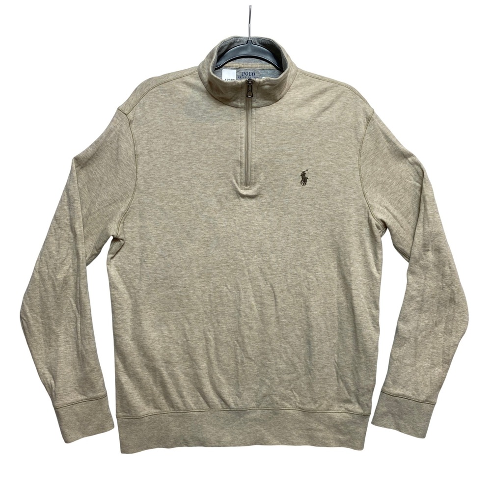 Polo Ralph Lauren Sweater Mens M Tan 1/4 Zip Heathered Pony Logo Pullover